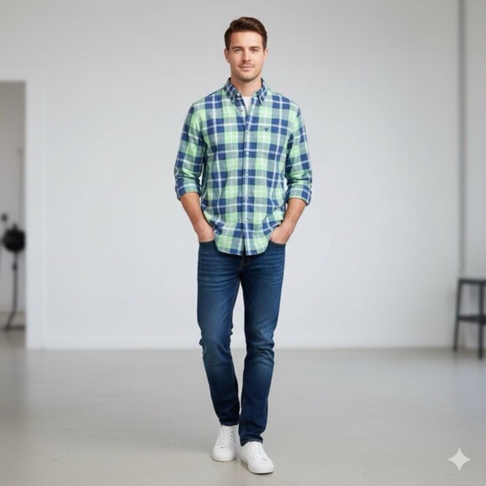 American Eagle Shirt Mens Medium‎ Green Blue Plaid Check Long Sleeve Classic Fit